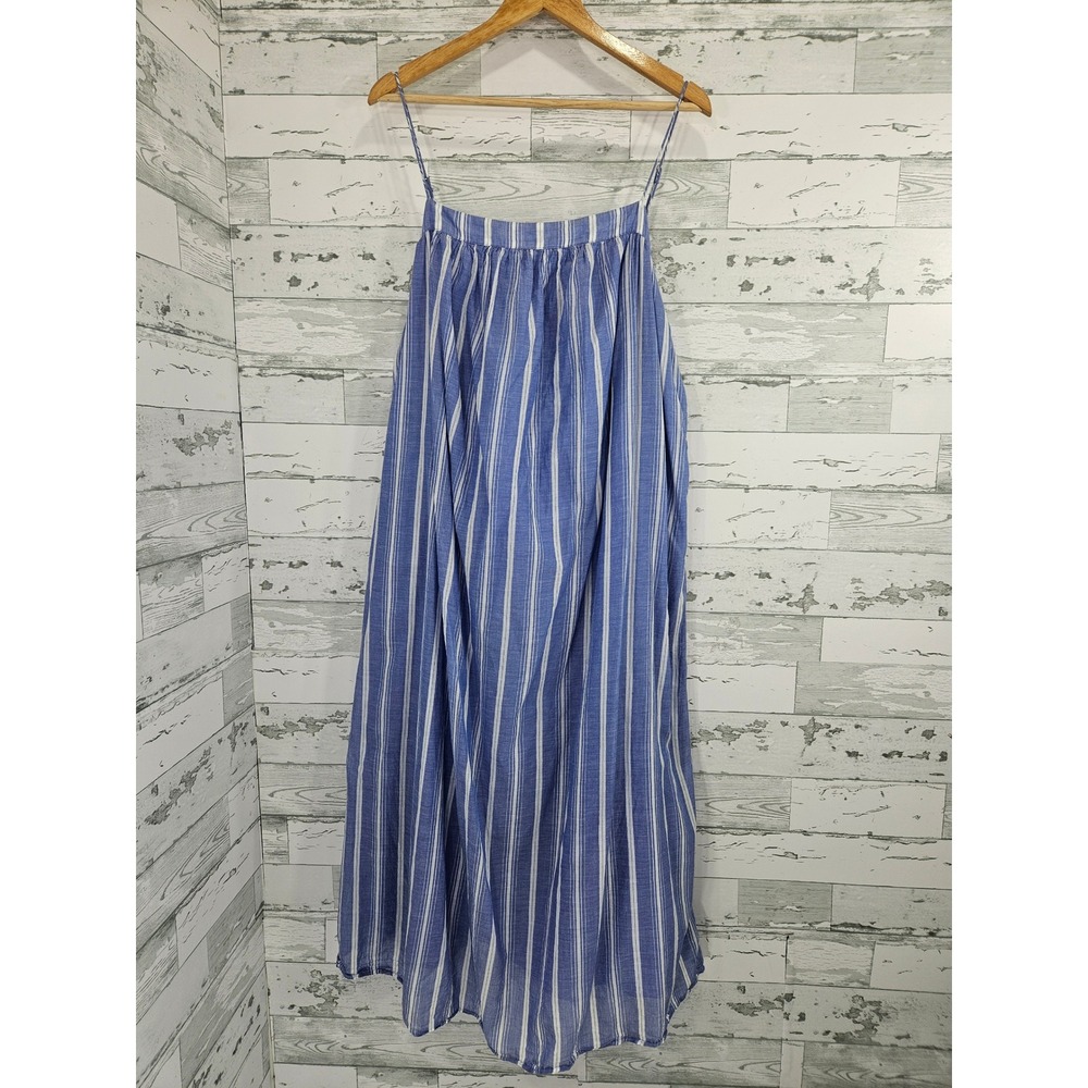 J.Crew Blue White Striped Cotton Maxi Dress XL Sleeveless Tie Back Pockets